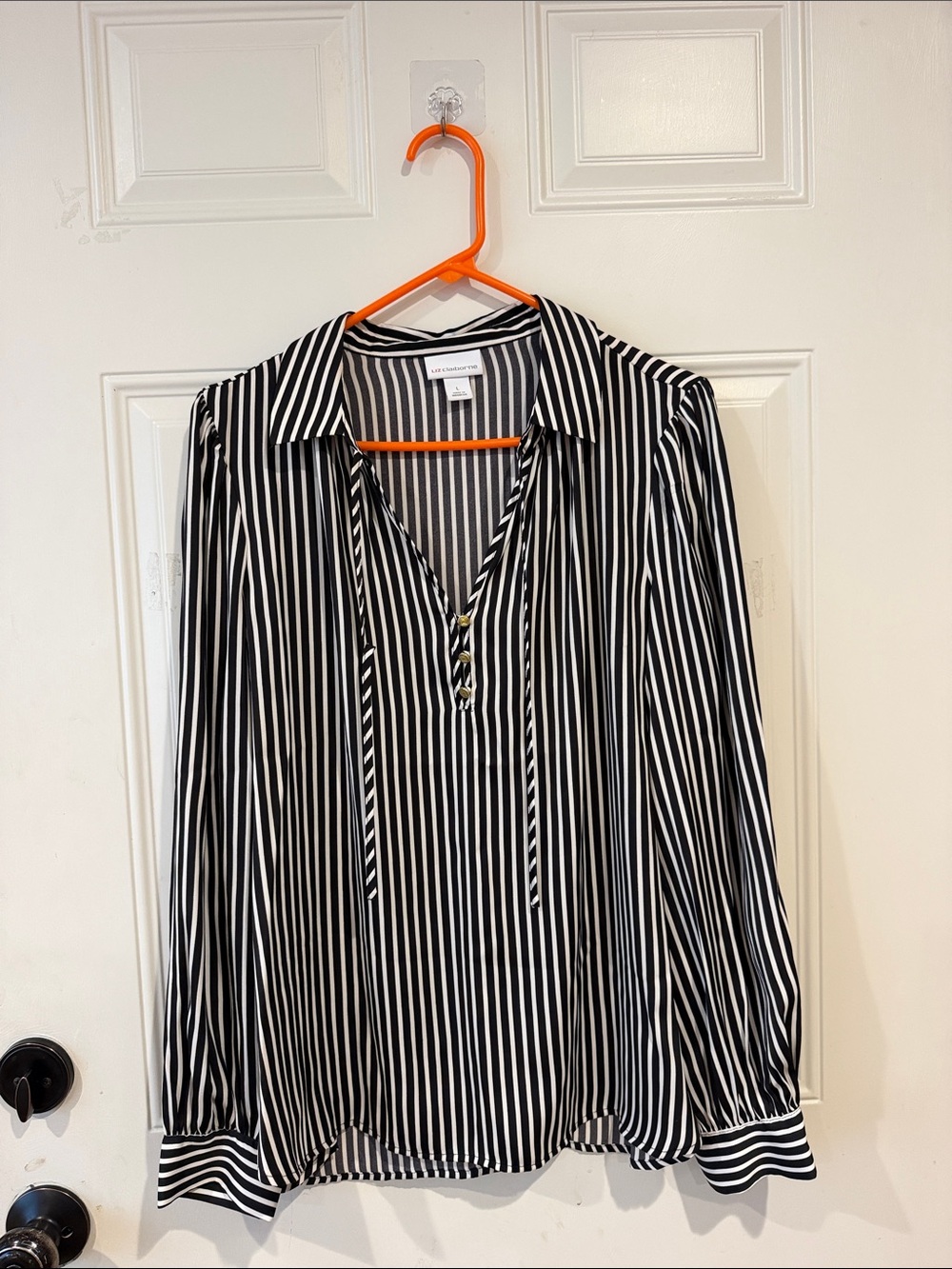Liz Claiborne Black & White Vertical Stripe Blouse with Button Placket